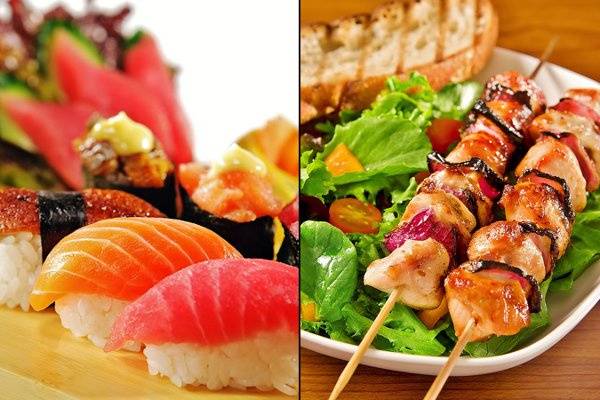 Salmon, Conger, and Tuna Sushi with Salad Leaf / Grilled Chicken and Onion Kebabs with Salad and Crouton.