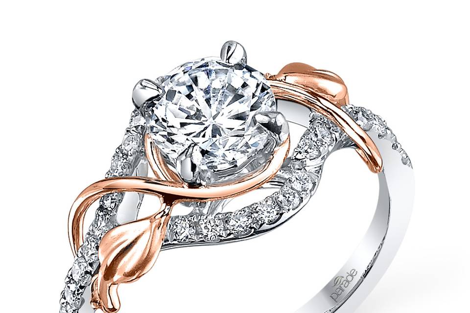 Style R3118 from the Lyria Bridal Collection <br> Flourishes of 18K rose gold gracefully adorn a brilliant center diamond in this updated look from the Lyria Collection(.25 ct excluding center stone).  Available in platinum, 18K white, 18K yellow, or 18K rose gold. All Parade Design styles can be customized upon request.