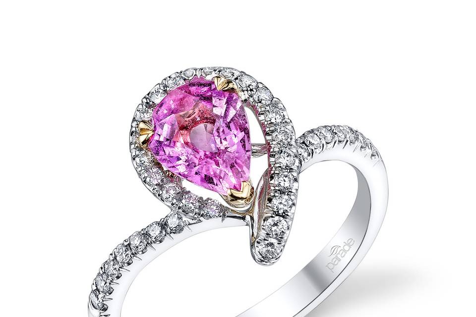 Style R3083 from the Parade in Color Collection <br> A contemporary diamond halo adorns a pear shaped pink sapphire (.28 ct excluding center stone).  Available in platinum, 18K white, 18K yellow, or 18K rose gold. All Parade Design styles can be customized upon request.