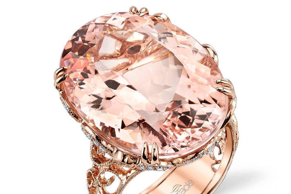 Style R2754 from the Parade in Color Collection <br> Milgrain etched scrolls curl and climb toward an intense 24.36 carat oval-cut Morganite. Delicate in design but substantial in size, the 18K rose gold filigree sparkles with white diamonds (.47 ct excluding center stone).  Available in platinum, 18K white, 18K yellow, or 18K rose gold. All Parade Design styles can be customized upon request.