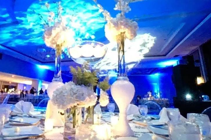 Special Lights Design at the Caribe Hilton Hotel Ballroom.  Intelligent Lights, Gobos, LED Dance Floor, Pro Sound System, DJ and Ambient Lights.