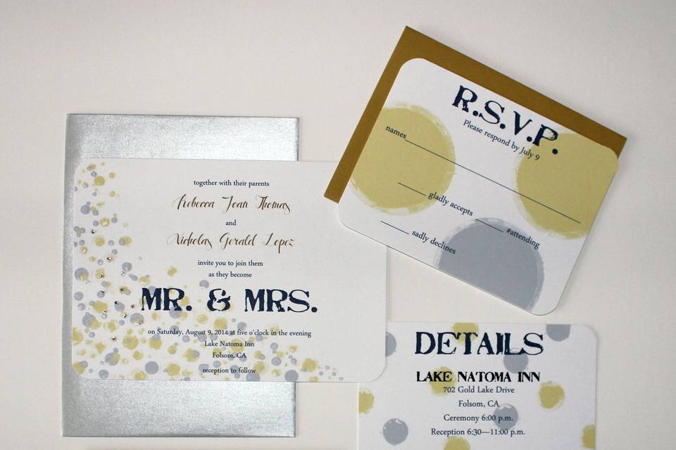 Custom hand drawn invitation suite, with hand placed Swarovski crystals.