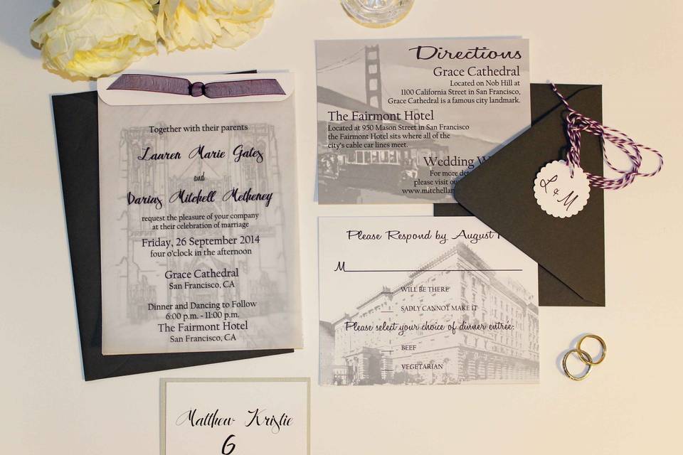Custom hand drawn wedding invitation suite with place card for a modern San Francisco wedding at Grace Cathedral, and reception at the Fairmont Hotel.