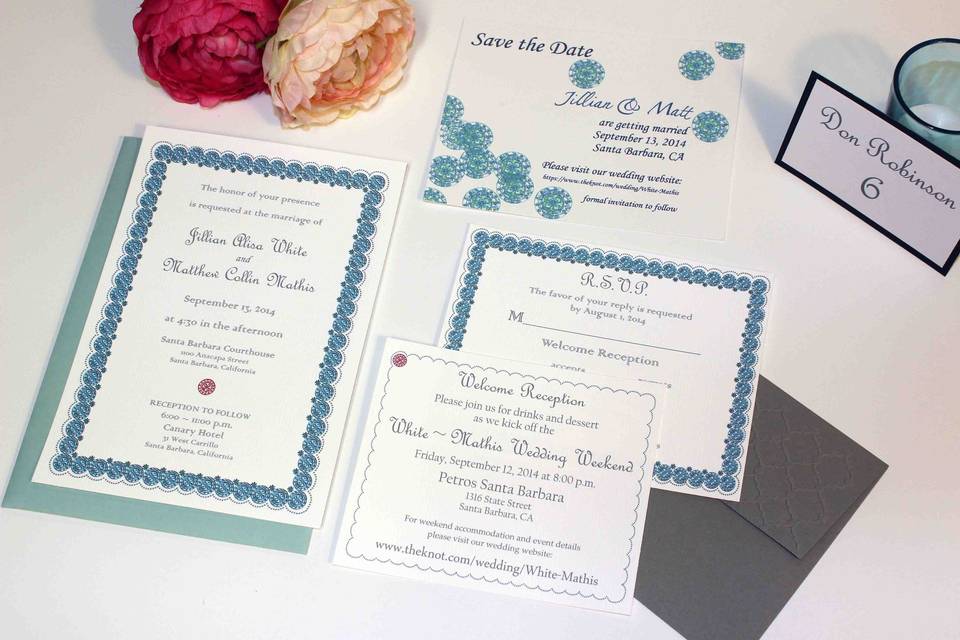 Custom hand painted and embossed wedding invitation suite with Save the Date card. Hand embossed envelope with coordinating place cards for a wedding at the historic Santa Barbara courthouse, and reception at the Canary Hotel.