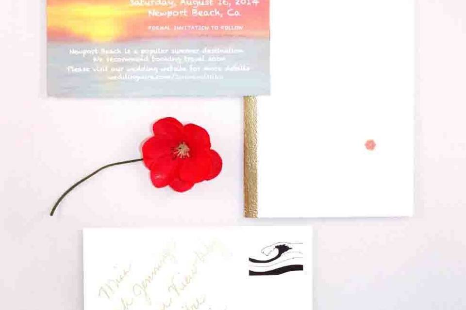 Custom hand painted Save the Date, with custom stamp design for a modern California beach wedding.