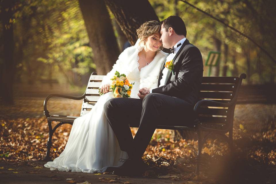 Newlyweds on a bench