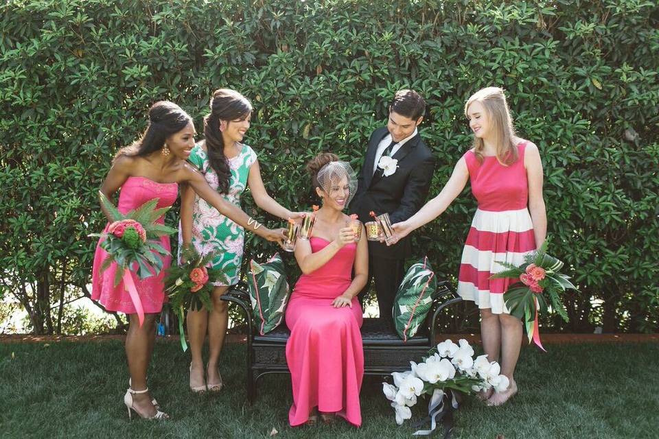 The couple and bridesmaids