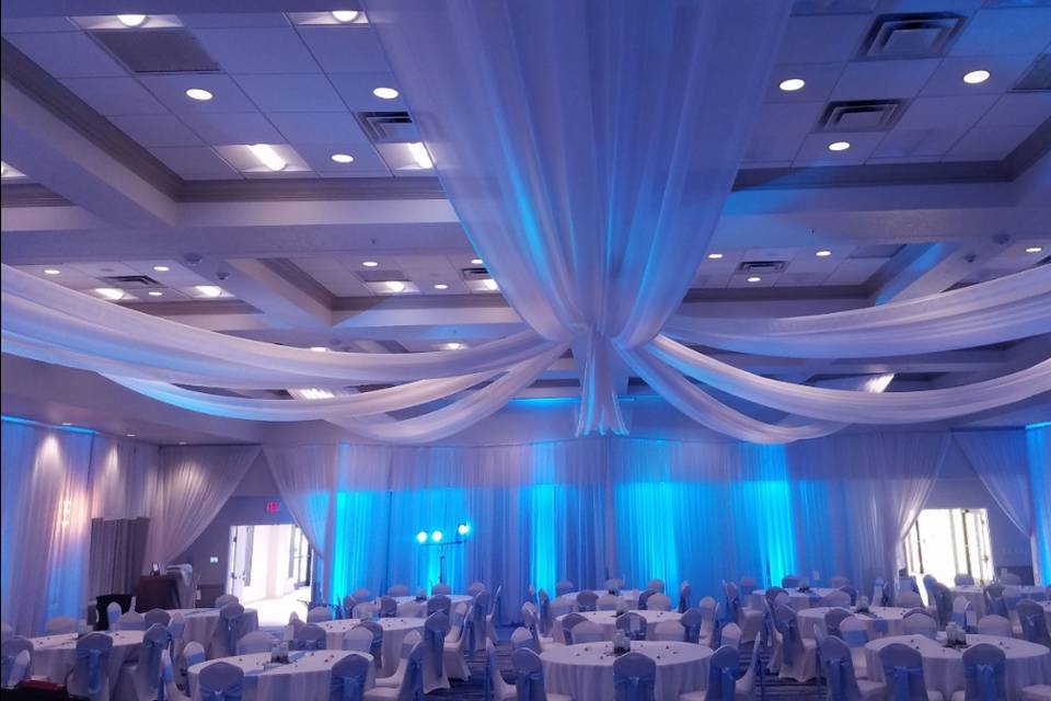 White ceiling drapery with blu