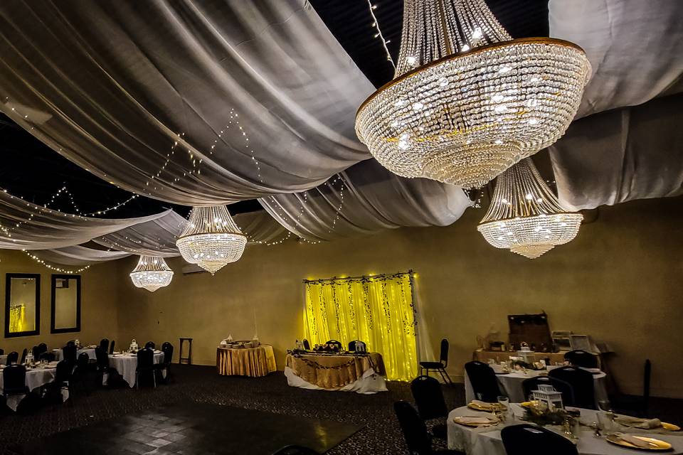 Dark drape ceiling with crysta
