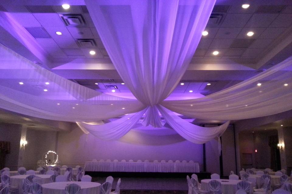 Reception hall drapes and lighting