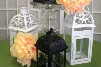 Our party rentals include centerpiece items like these lanterns at Poppyscott Events, Sioux City IA