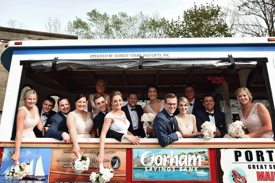 Wedding party on a trolley