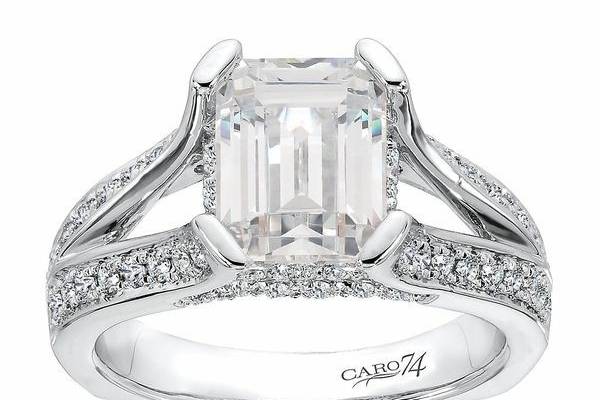 Caro74 Split-Shank Designer Engagement Ring with Emerald Cut Center
Style # CR406
Available in Platinum or White, Yellow, or Rose Gold
Can be built for any size or shape center stone.