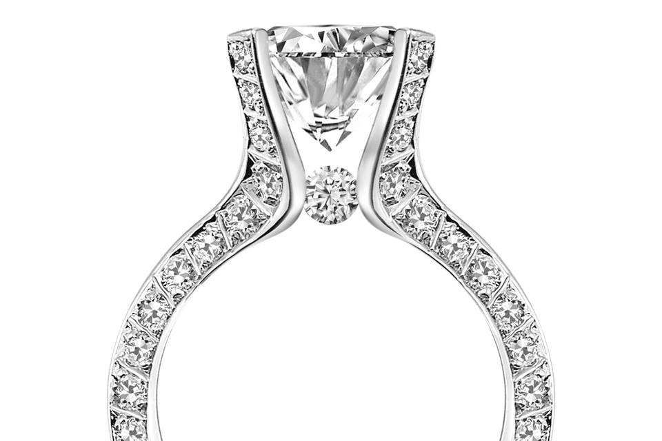 Claude Thibaudeau Micro-Pave Desginer Engagement Ring with Tension-Set Round Brilliant Center
Style # PLT-1682-MOD
Available in Platinum or White, Yellow, or Rose Gold
Can be built for any size or shape center stone.