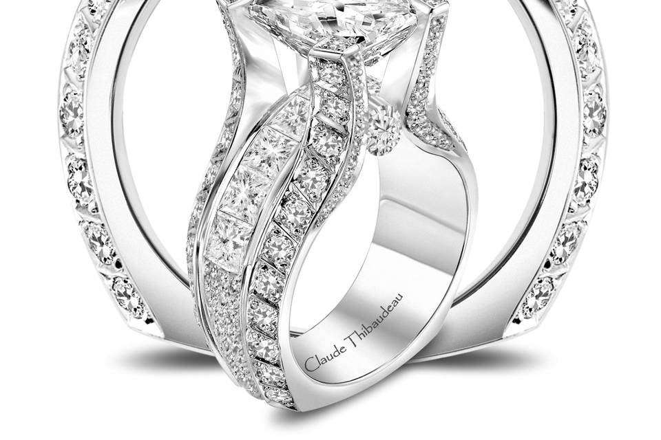 Claude Thibaudeau Micro-Pave Desginer Engagement Ring with Tension-Set Radiant Center
Style # PLT-1920-MOD
Available in Platinum or White, Yellow, or Rose Gold
Can be built for any size or shape center stone.