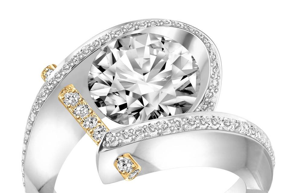 Claude Thibaudeau Micro-Pave Two-Tone Desginer Engagement Ring with Tension-Set Round Brilliant Center
Style # PLT-1831Y-MP
Available in Platinum or White, Yellow, or Rose Gold
Can be built for any size or shape center stone.