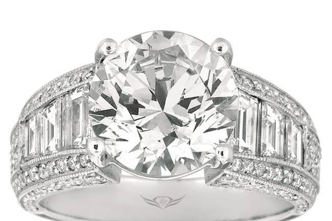 Martin Flyer Designer Baguette and Round Brilliant Diamond Engagement Ring with Round Brilliant Center
Style # 5253
Available in Platinum or White, Yellow, or Rose Gold
Can be built for any size or shape center stone.