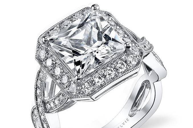 Sylvie Collection Vintage-Inspired Designer Engagement Ring with Milgrain Edges, Halo, and Princess Cut Center
Style # S111
Available in Platinum or White, Yellow, or Rose Gold
Can be built for any size or shape center stone.