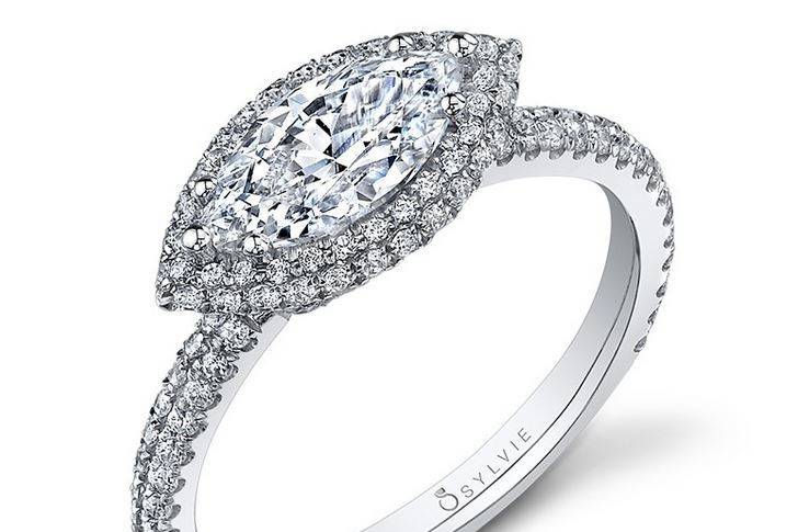 Sylvie Collection Designer East to West Pave Halo Engagement Ring with Marquise Cut Center
Style # SY630
Available in Platinum or White, Yellow, or Rose Gold
Can be built for any size or shape center stone.