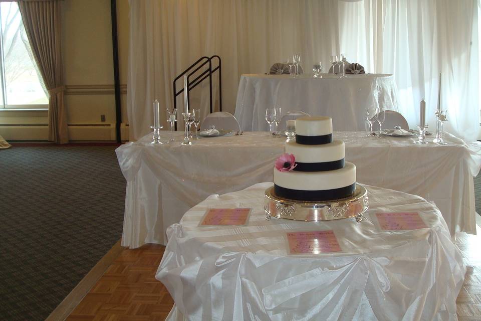 sample of riser with sweetheart table and cake display