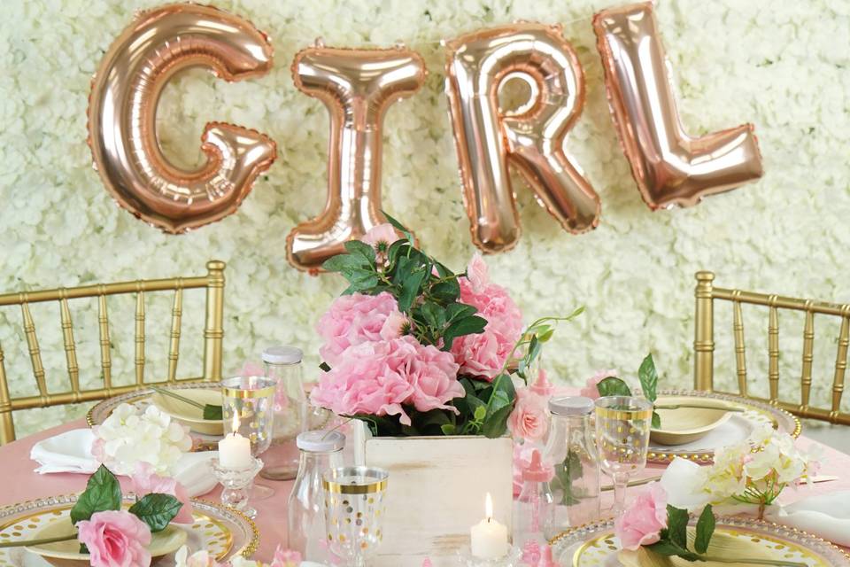 Girl's baby shower table setup