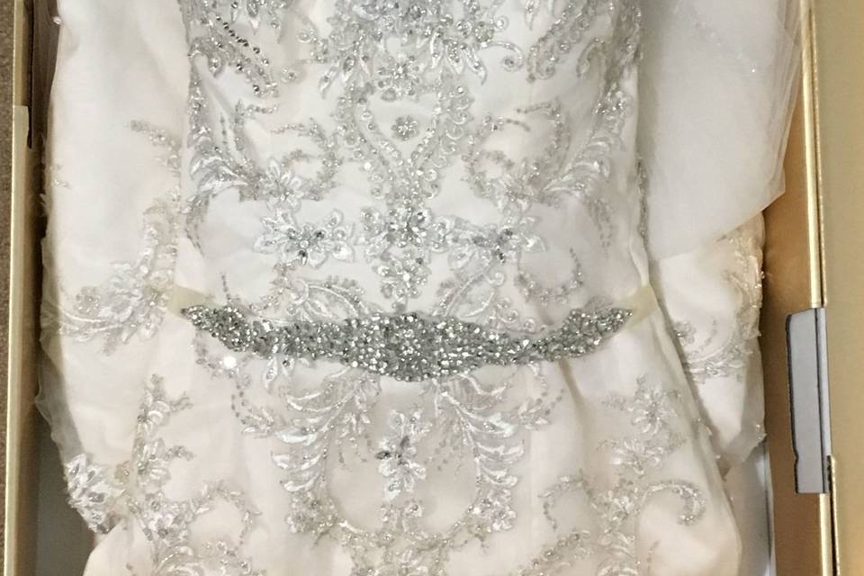 Wedding gown in the box before closing