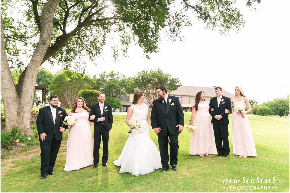 The couple with the bridesmaids and groomsmen