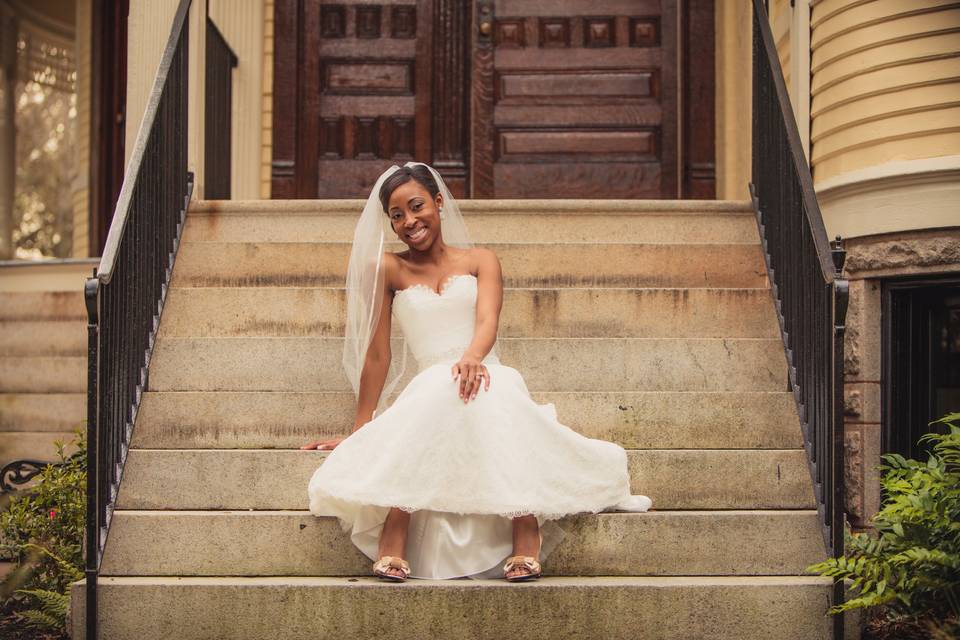 Bride on steps