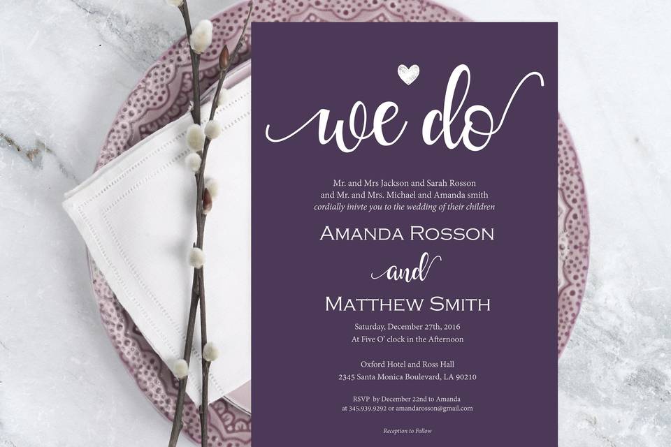 plum and white wedding invitation we do with calligraphy font