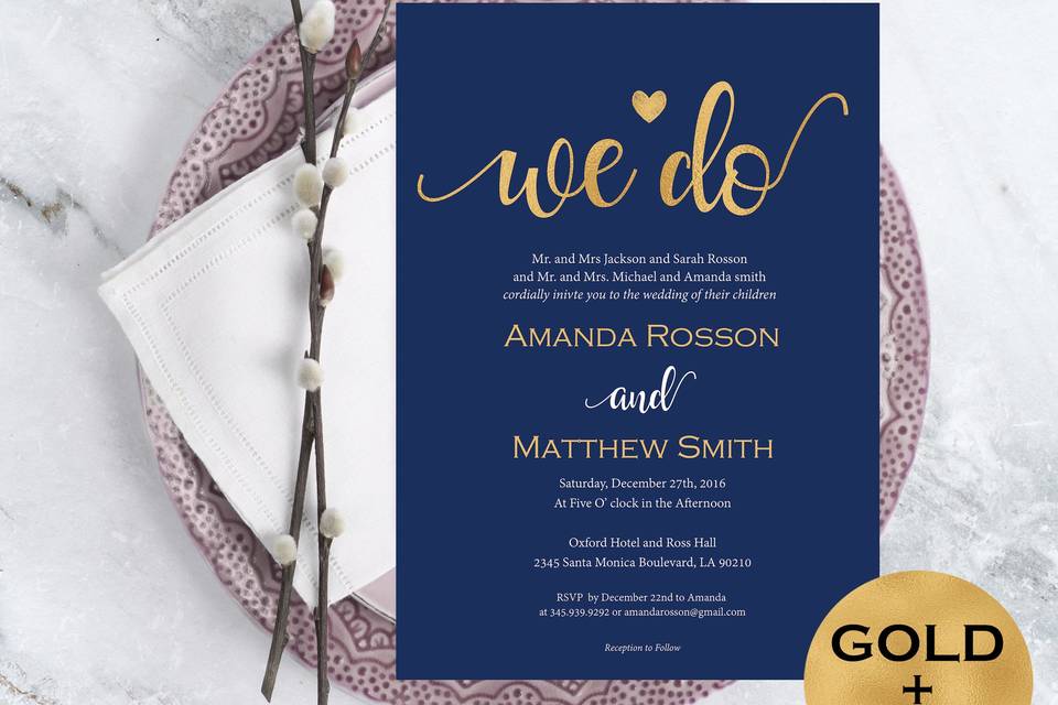 gold and navy blue wedding invitation printable