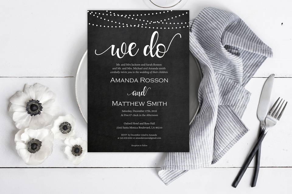 Downloadable wedding invitation with chalkboard background and calligraphy font.