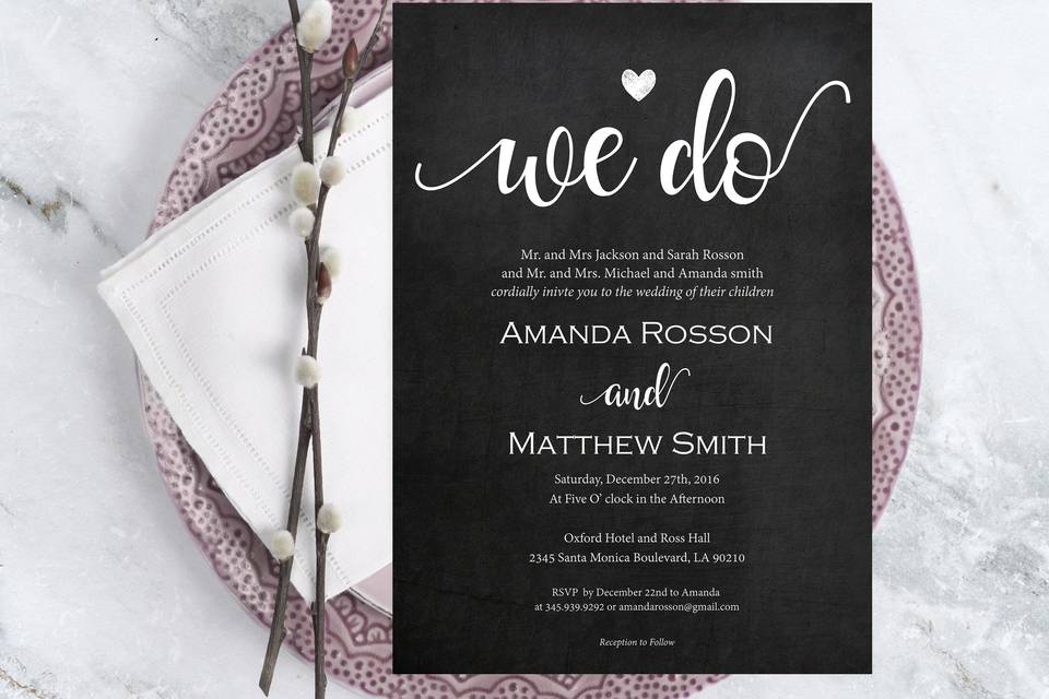 black and white rustic wedding chalkboard invitation printable
