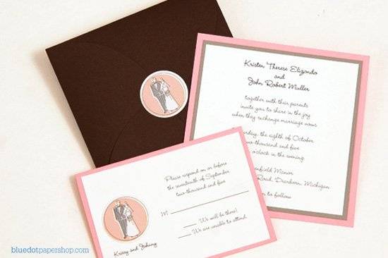 This pocket-fold invitation pairs Chocolate, Blossom and Cement Cardstock, along with our fun Bride and Groom stickers for a look that is completely unique. Send it as is, or in a matching square envelope.