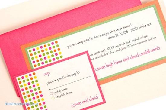 Our whimsical wedding invite is perfect for more casual affairs. A polka-dot theme matched with our bright metallic Fairway, Azalea, and Flame cardstock definitely makes a statement.