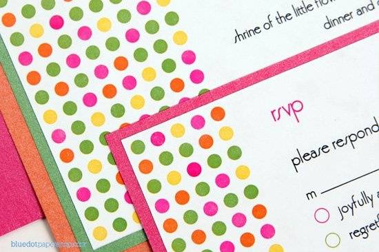 Our whimsical wedding invite is perfect for more casual affairs. A polka-dot theme matched with our bright metallic Fairway, Azalea, and Flame cardstock definitely makes a statement.
