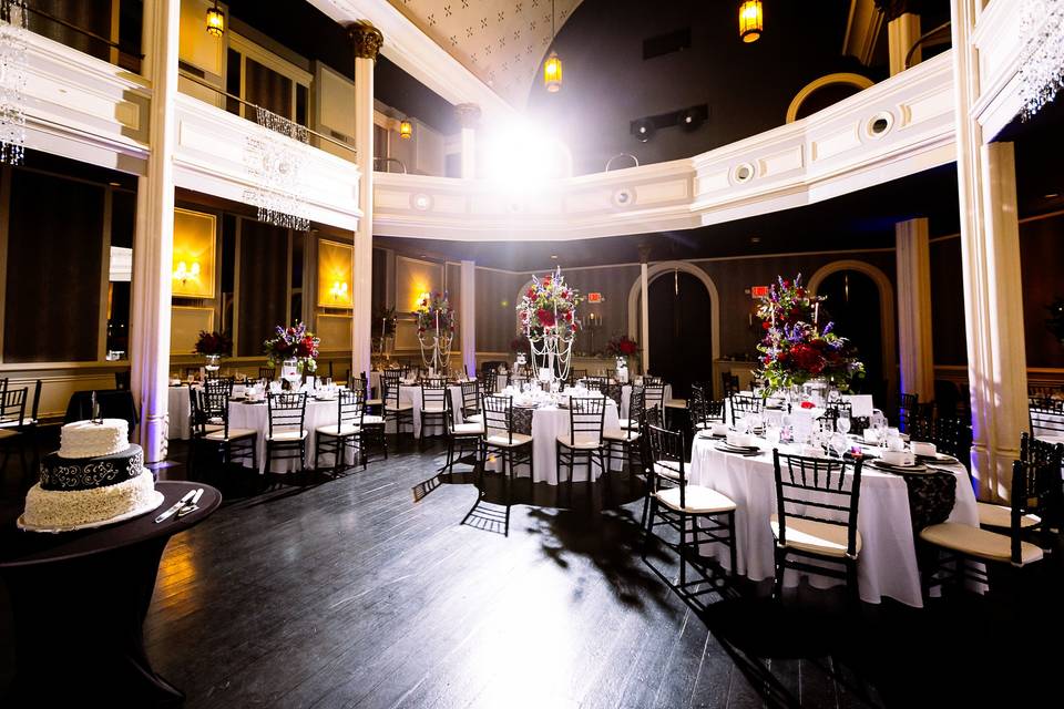 Reception tables with flower centerpieces