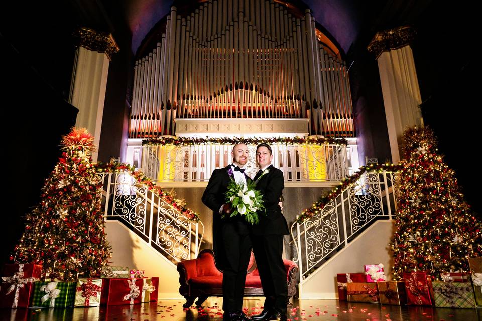 The newlyweds by the stairs