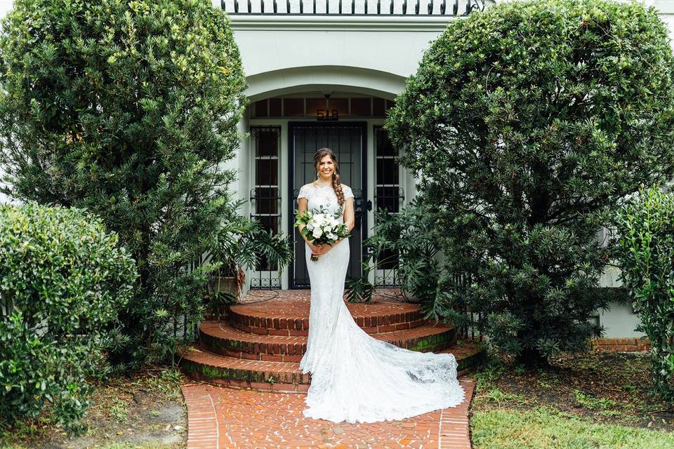 Wedding dress on steps.