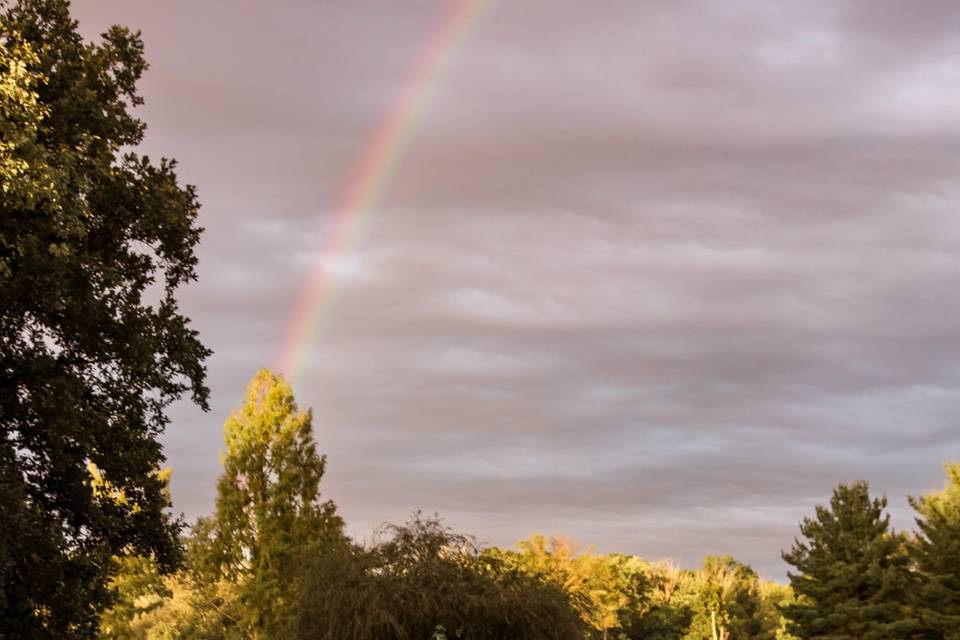 Couple under rainbow