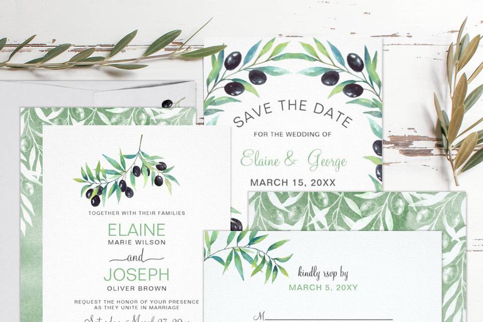 Olive branch wedding invitations set