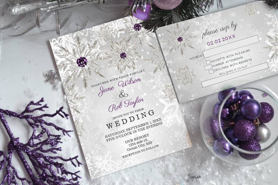 Silver Purple Snowflakes Wedding Invitations