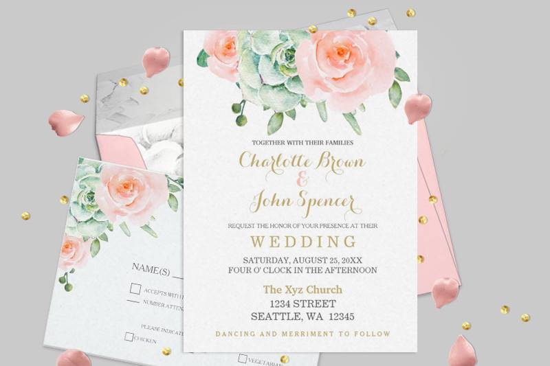 Succulents and Plum Roses  Wedding invitations Set