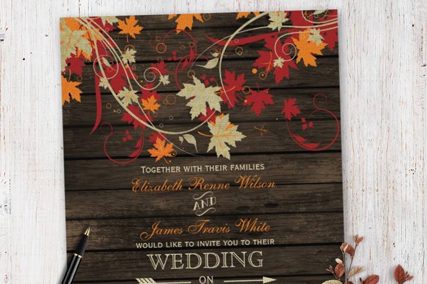 Barn Wood Fall Leaves Wedding invitations