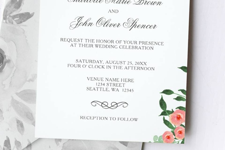 Simple Elegant Blush Floral Wedding invitations