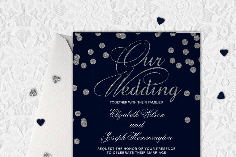 Navy Silver Glitter Confetti Wedding Invitations
