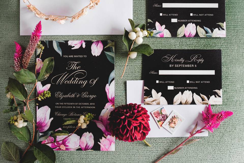 Black Purple and Gold Botanical Floral Wedding Invitations