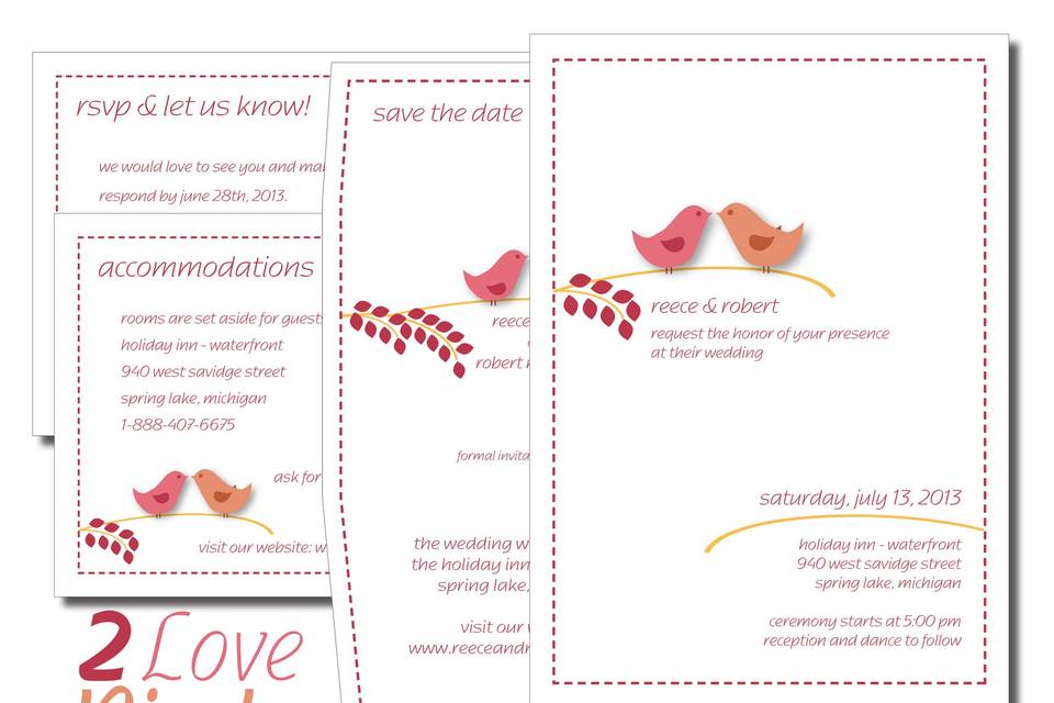 A modern twist on an old favorite, two love birds add a bit of whimsy to this wedding invitation.