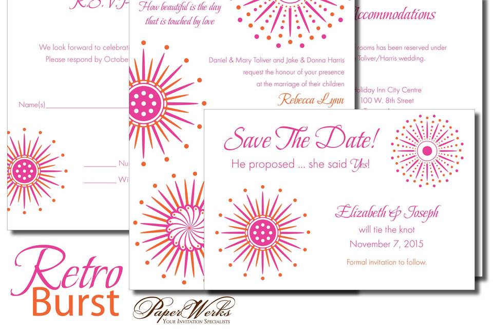 Colors are fused, twisted and spiraled together to create a fun design for this wedding invitation.