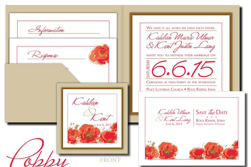 Watercolor poppy flowers adorn this square pocket-style wedding invitation. Personalized with your event colors this makes a perfect all-in-one set.