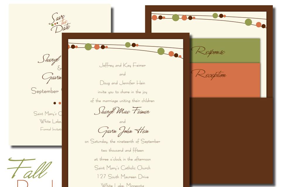 Back-pocket style invitation personalized using both paper and ink colors in warm orange, sage and brown hues.
